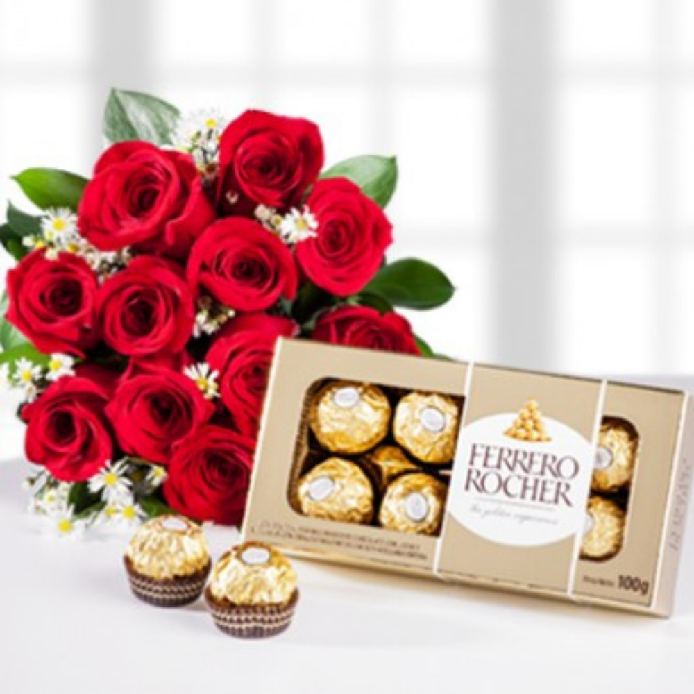 Ramo de 12 Rosas Rojas y Chocolates – Florería Rosadeli